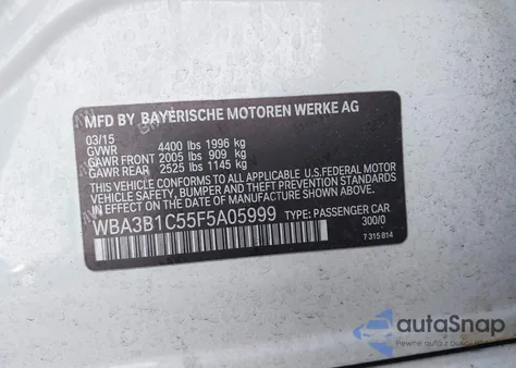 2015 BMW 320I from USA, damaged, VIN WBA3B1C55F5A05999